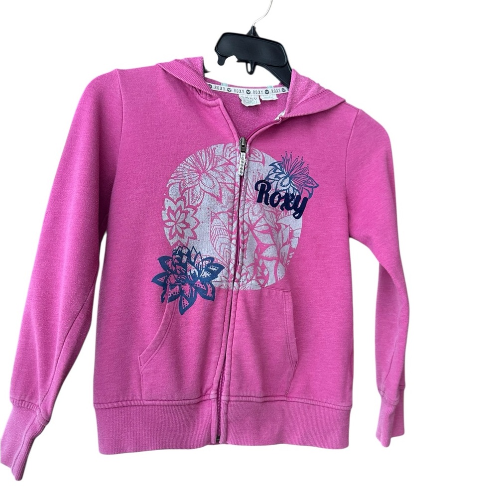 Y2K Roxy Girl 10-12 Youth Zip Hoodie Pink Surf Skate Graphic Boxy Sweatshirt